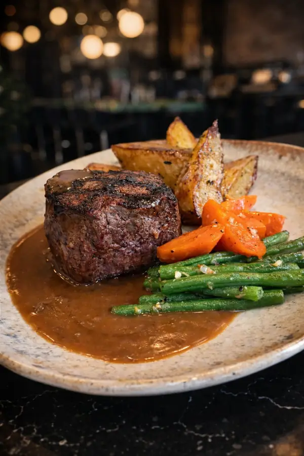 Seared ribeye steak with a rich sauce and accompaniments at MINA